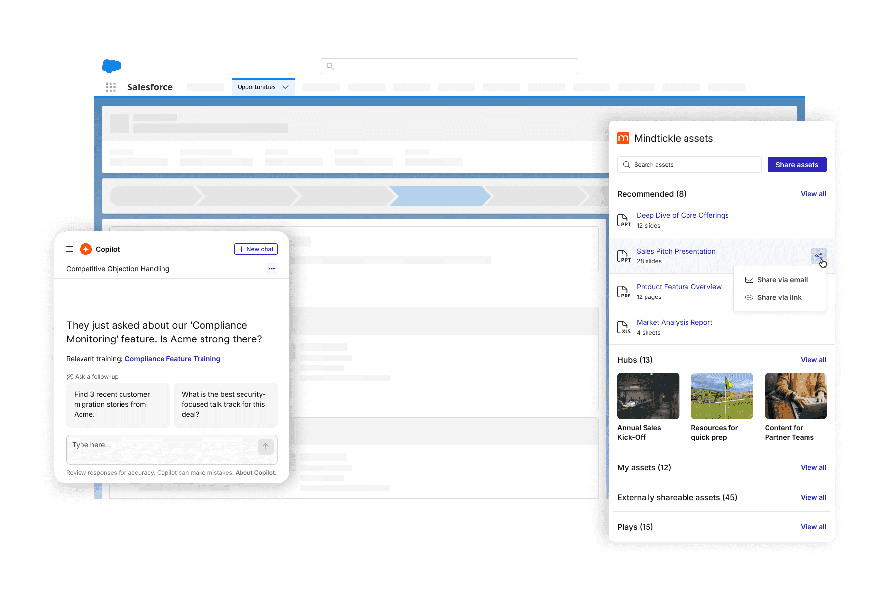 Mindtickle embedded in Salesforce with Copilot and asset recommendations