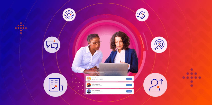 two women looking at a laptop with onboarding icons around them