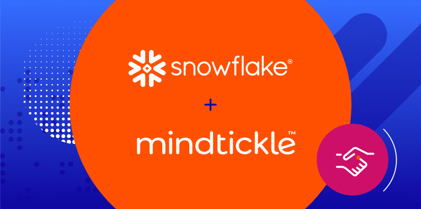 Snowflake and Mindtickle logos inside an orange circle on a blue background
