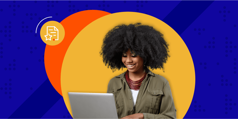 Woman looking at laptop with a yellow circle and blue background