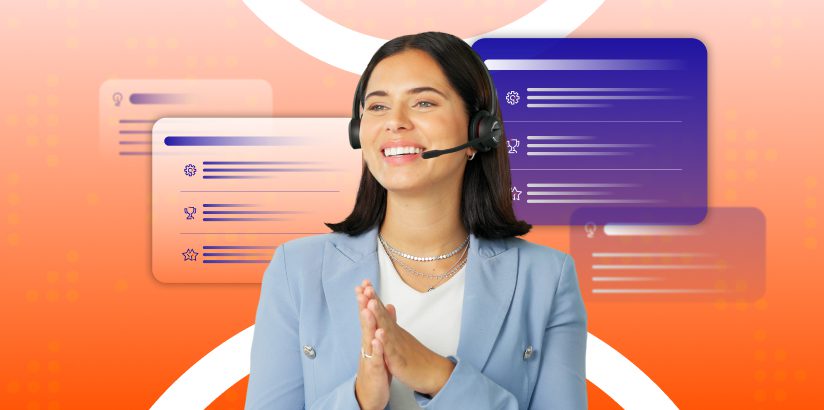 woman wearing headset on an orange ombre background