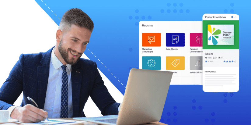 man in a suit with blue background looking at sales content management systems