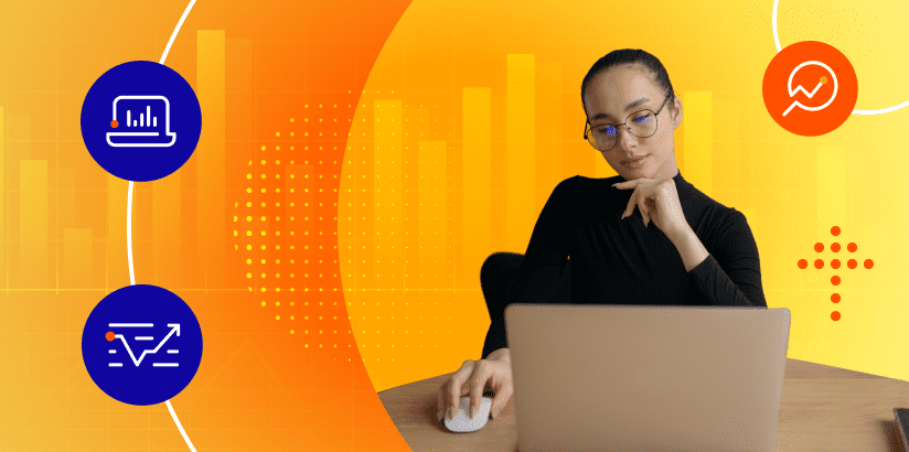 woman looking at a laptop with a sales cycle on a yellow background
