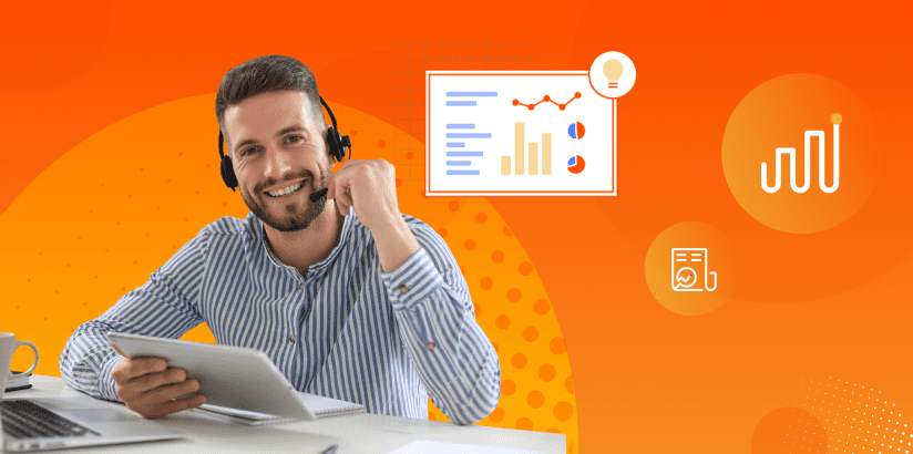 man with headset with icons representing sales analytics