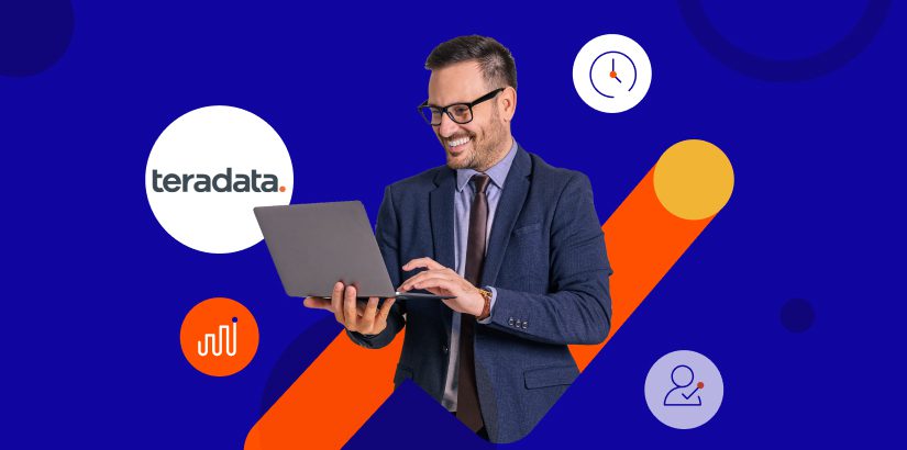 Man on laptop with blue background and Teradata logo