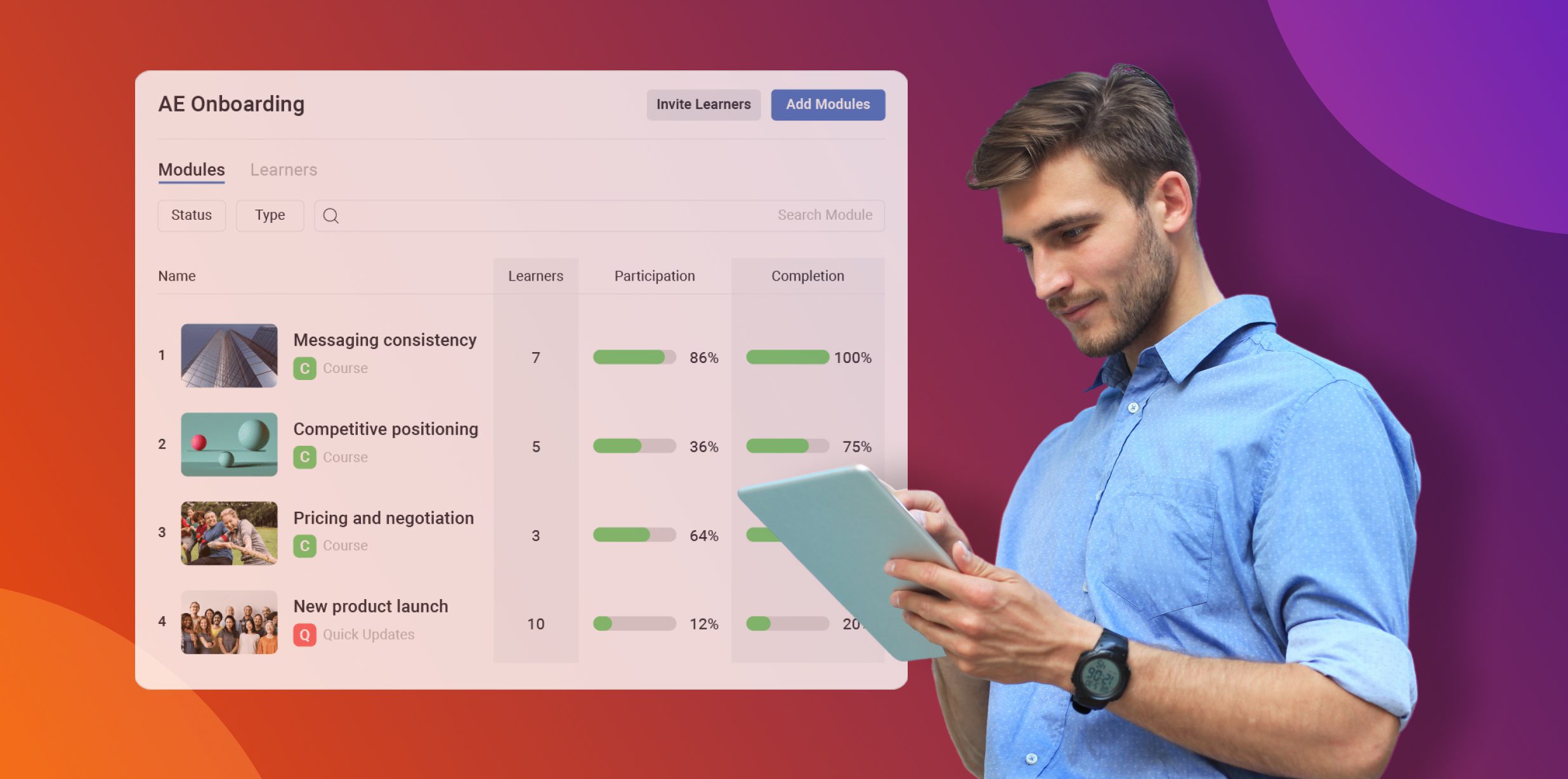 man looking at Mindtickle mobile sales tools on purple gradient background