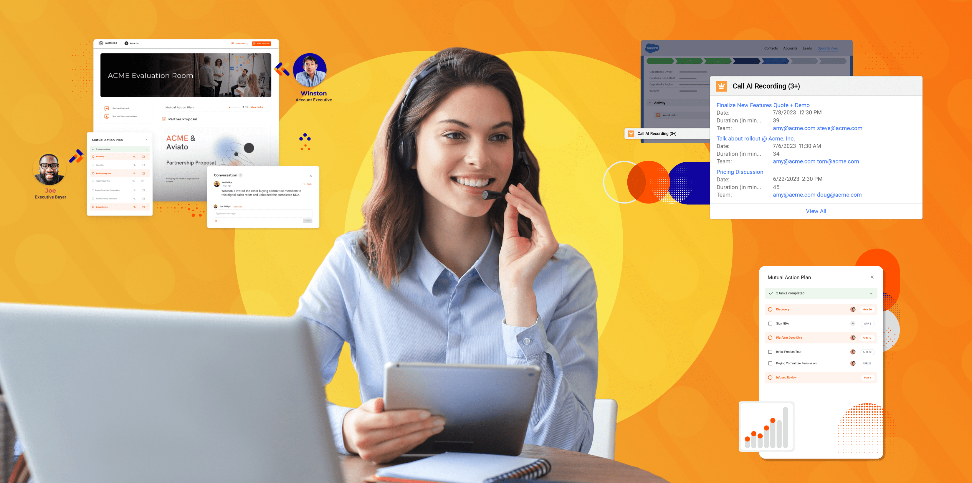 woman looking laptop with orange and yellow background with Mindtickle product imagery in the background
