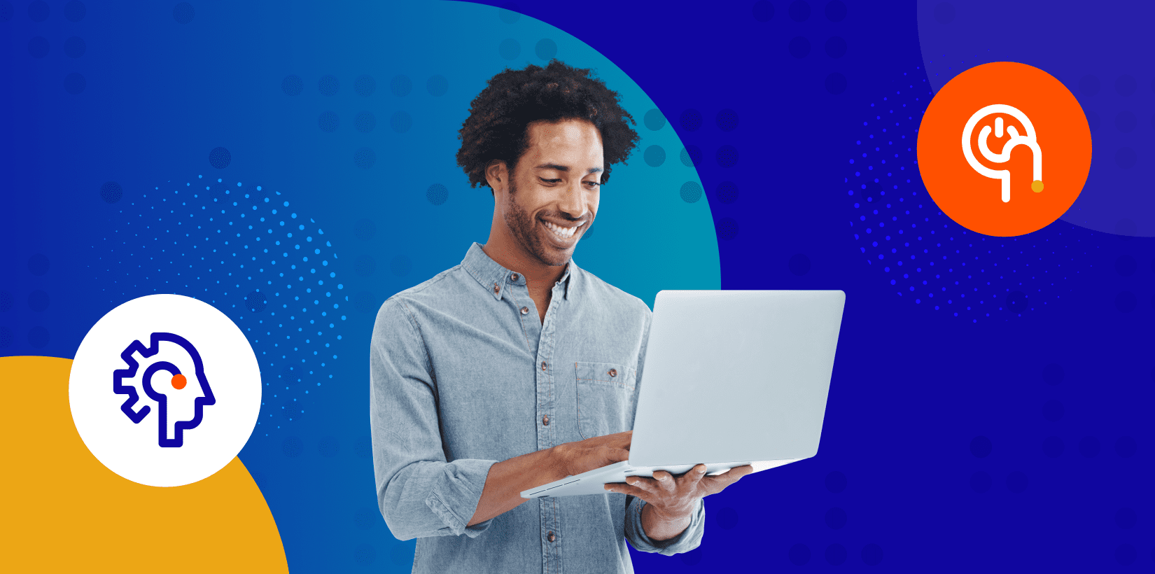 man looking at laptop with icons for sales operations and sales enablement on a blue background
