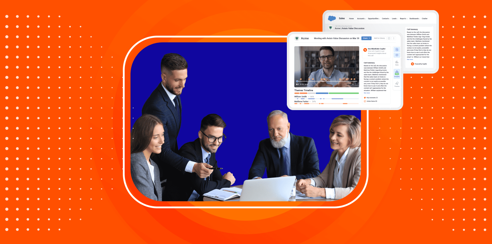 people in board room on blue background with Mindtickle's Call Ai product imagery